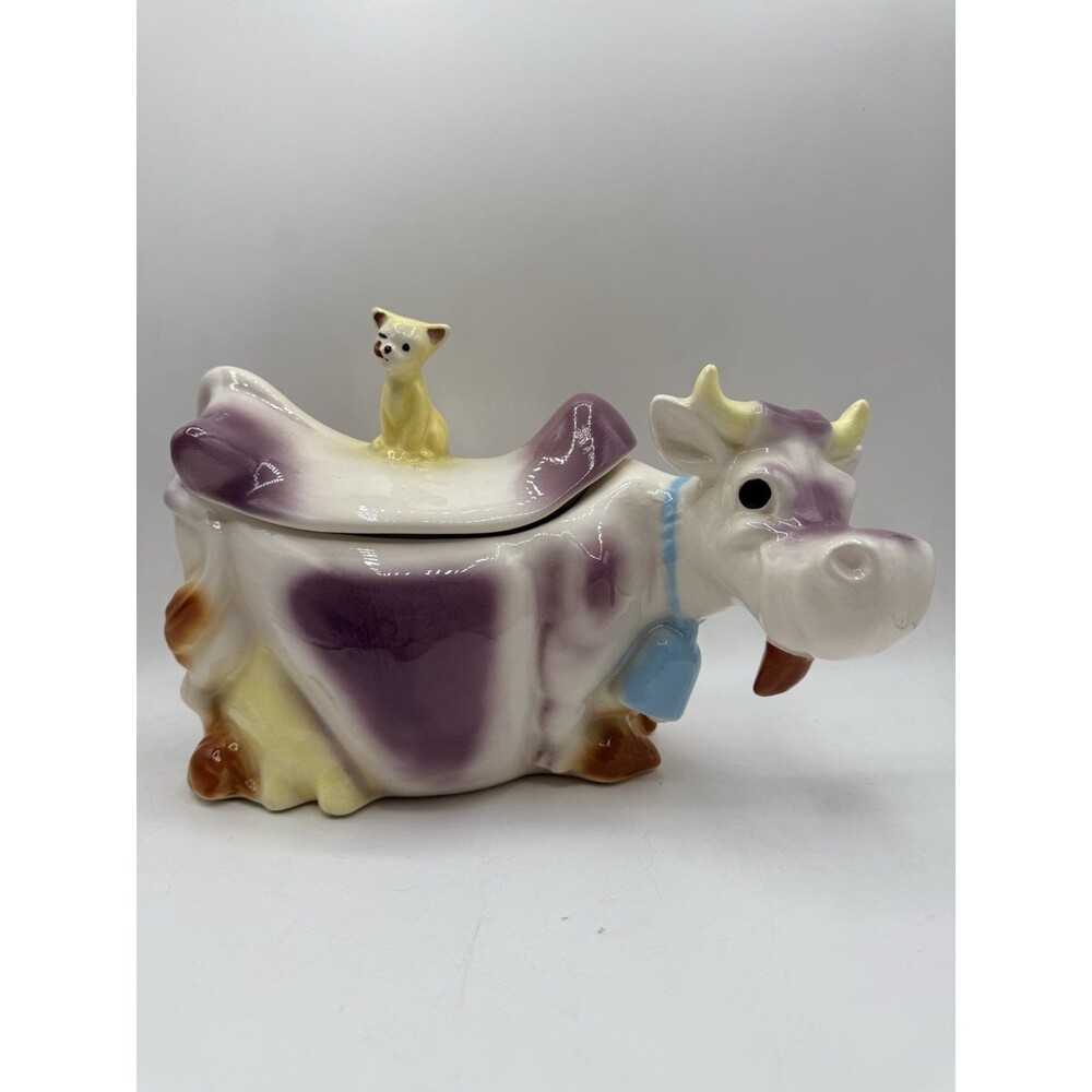 RARE McCoy W10 Cow Cookie Jar Cat On Back in PURPLE : Reissued By JD 1992